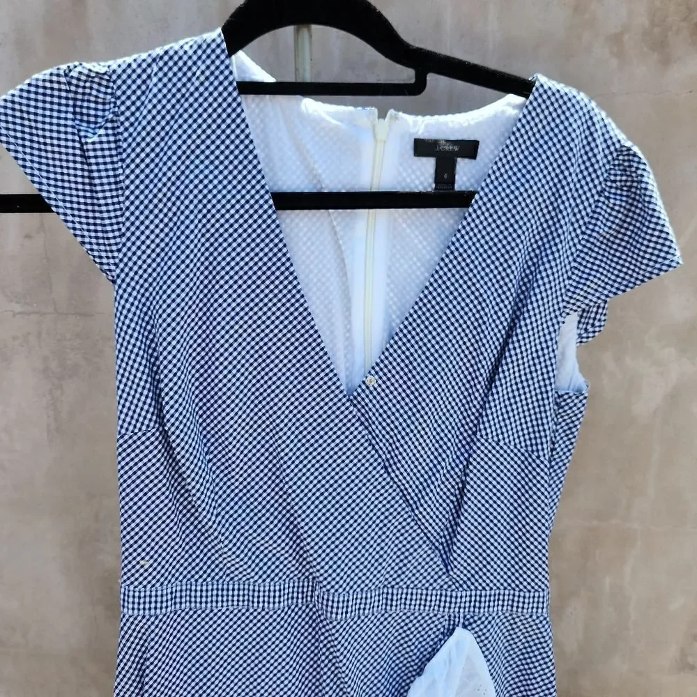 J crew faux wrap ruffle gingham dress